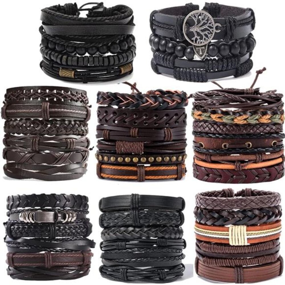 Braided Leather Bracelets for Men Women Adjustable Woven Bead Cuff Wrap Set 44pc